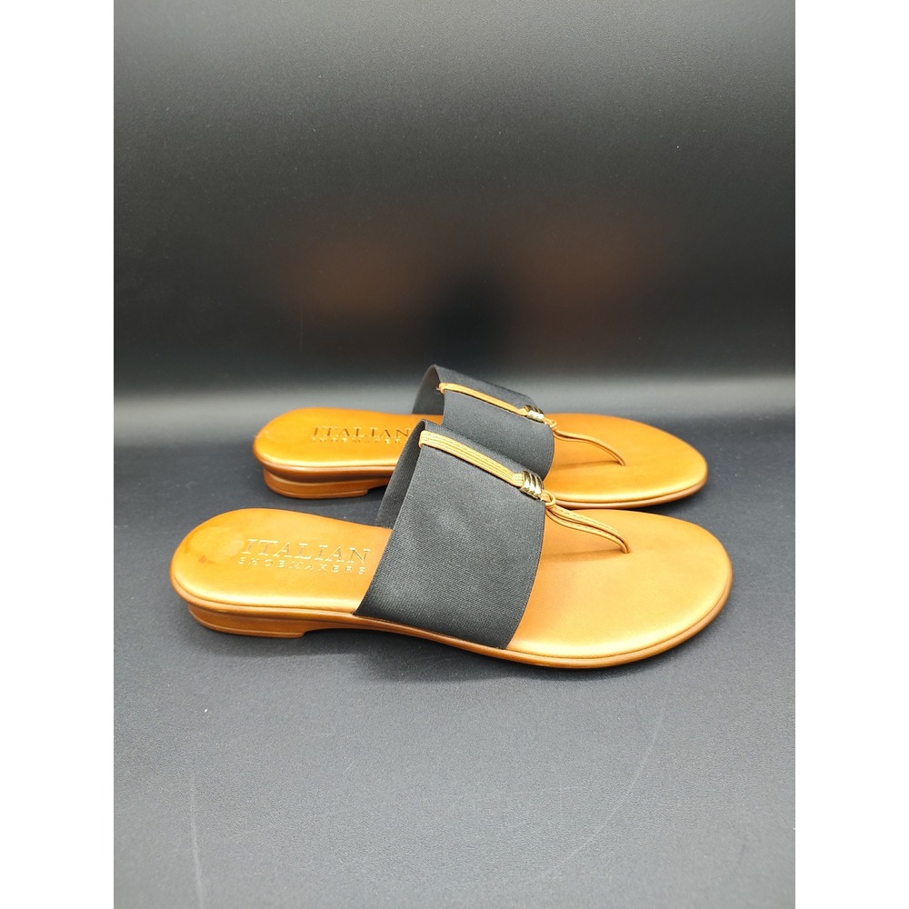 Italian Shoemakers Womens Black Tan Elastic Thong Slide Sandals Made in Italy 8 - Picture 5 of 7